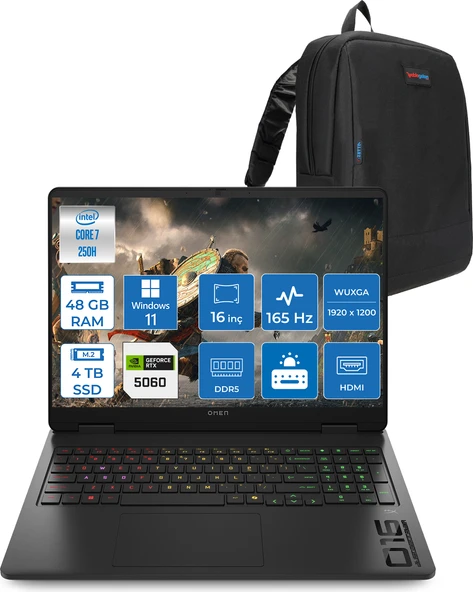 Hp Omen Gaming Laptop Intel Core 7 250H Aı 48GB Ddr5 4tb SSD 8GB/RTX5060 Gddr7 16" 165 Hz, 3 Ms IPS  400 Nits IPS 2k (1920 x 1200 WIN11HOME Gaming BILG.BQ9A8EAH15+ZETTAÇANTA ürün görseli 1