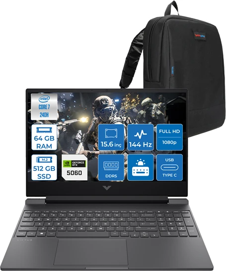 Hp Victus Intel Core I7 240H 64GB Ddr5 512GB SSD 8GB/RTX5060 15.6" Fhd 144Hz IPS 62.5% Srgb Windows 11 Pro Taşınabilir Bilgisayar BV7W9EAH21 + Zettaçanta ürün görseli 1