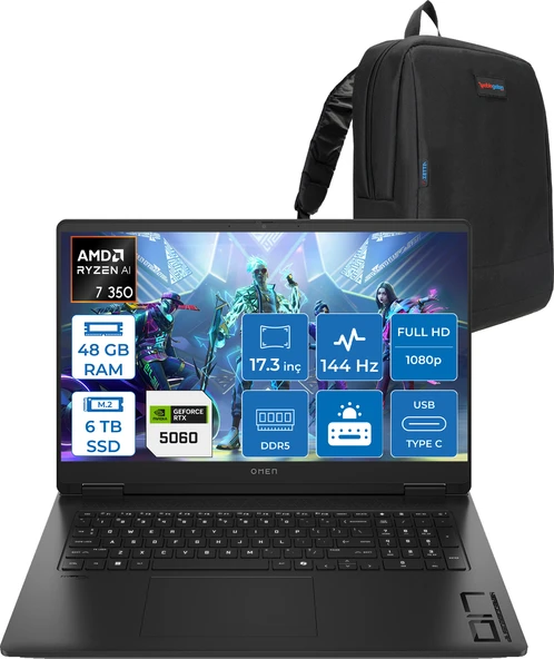 Hp Omen 17-DB1015NT Amd Ryzen Aı 7 350 48GB Ddr5 6tb SSD RTX5060 8gb Gddr7 17.3 Inç Fullhd (1920 x 1080) 144Hz 7ms 300NITS IPS Freedos Taşınabilir Bilgisayar C2EZ5EAF29 + Zetta Çanta ürün görseli 1