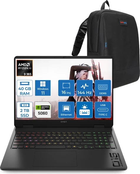 Hp Omen 16-AP0020NT Amd Ryzen Aı 9 365 40GB Ddr5 2tb SSD RTX5060 8gb Gddr7 16 Inç Wuxga (1920 x 1200) 144Hz 300NITS IPS Windows 11 Home Taşınabilir Bilgisayar C12CPEAH21 + Zetta Çanta ürün görseli 1