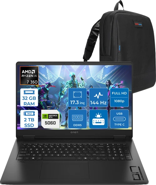 Hp Omen 17-DB1015NT Amd Ryzen Aı 7 350 32GB Ddr5 2tb SSD RTX5060 8gb Gddr7 17.3 Inç Fullhd (1920 x 1080) 144Hz 7ms 300NITS IPS Freedos Taşınabilir Bilgisayar C2EZ5EAF15 + Zetta Çanta ürün görseli 1