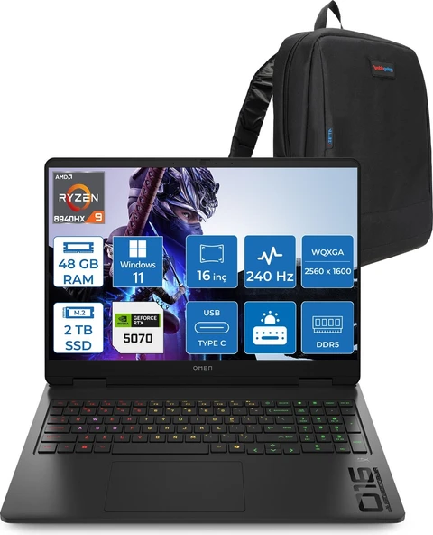 Hp Omen 16-AP0014NT Amd Ryzen 9 8940HX 48GB Ddr5 2tb SSD RTX5070 8gb Gddr7 16 Inç Wqxga (2560 x 1600) 240Hz 500NITS IPS Windows 11 Home Taşınabilir Bilgisayar C12CJEAH27 + Zetta Çanta ürün görseli 1