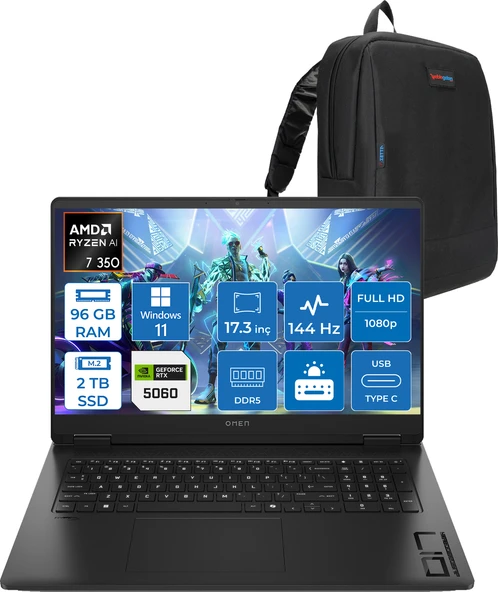 Hp Omen 17-DB1015NT Amd Ryzen Aı 7 350 96GB Ddr5 2tb SSD RTX5060 8gb Gddr7 17.3 Inç Fullhd (1920 x 1080) 144Hz 7ms 300NITS IPS Windows 11 Pro Taşınabilir Bilgisayar C2EZ5EAP45 + Zetta Çanta ürün görseli 1