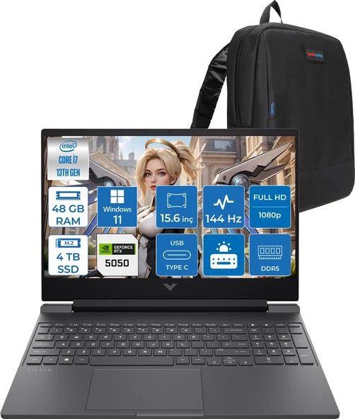 Hp Victus 15-WFA2036NT Intel Core I7 13620H 48GB 4tb SSD 8gb RTX5050 Windows 11 Pro 15.6" Fullhd 144Hz 300NITS IPS Taşınabilir Bilgisayar C52QWEAP25 + Zetta Çanta ürün görseli 1
