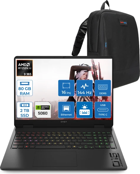 Hp Omen 16-AP0020NT Amd Ryzen Aı 9 365 80GB Ddr5 2tb SSD RTX5060 8gb Gddr7 16 Inç Wuxga (1920 x 1200) 144Hz 300NITS IPS Freedos Taşınabilir Bilgisayar C12CPEAF39 + Zetta Çanta ürün görseli 1
