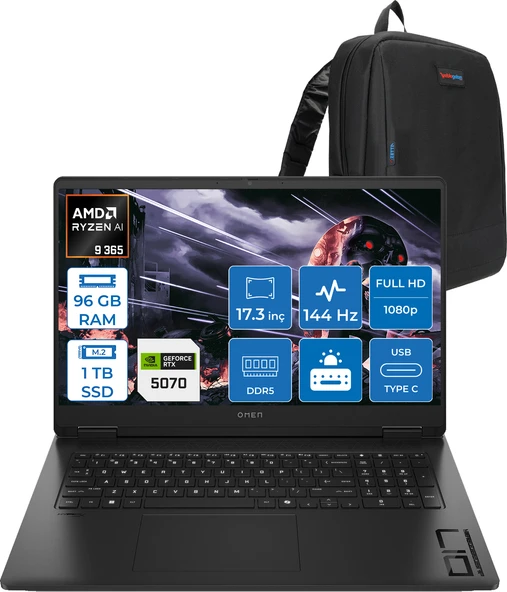 Hp Omen 17-DB1003NT Amd Ryzen Aı 9 365 96GB Ddr5 1tb SSD RTX5070 8gb Gddr7 17.3 Inç Fullhd (1920 x 1080) 144Hz 7ms 300NITS IPS Freedos Taşınabilir Bilgisayar C67G1EAF44 + Zetta Çanta ürün görseli 1