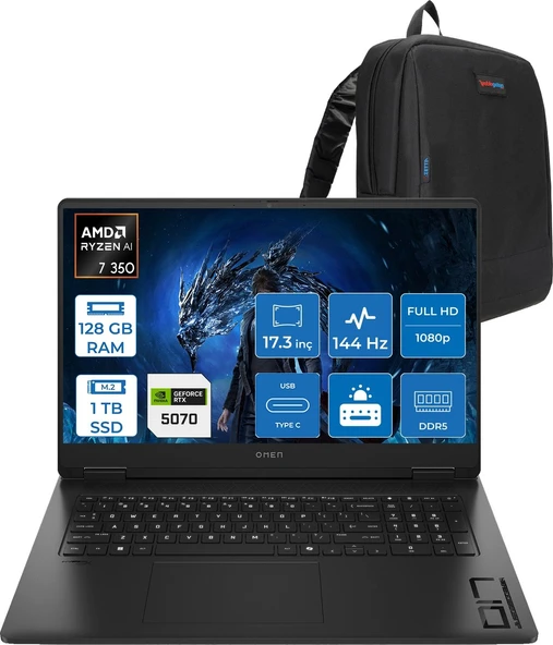 Hp Omen 17-DB1005NT Amd Ryzen Aı 7 350 128GB Ddr5 1tb SSD RTX5070 8gb Gddr7 17.3 Inç Fullhd (1920 x 1080) 144Hz 7ms 300NITS IPS Freedos Taşınabilir Bilgisayar C67G2EAF50 + Zetta Çanta ürün görseli 1