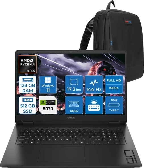 Hp Omen 17-DB1003NT Amd Ryzen Aı 9 365 128GB Ddr5 512GB SSD RTX5070 8gb Gddr7 17.3 Inç Fullhd (1920 x 1080) 144Hz 7ms 300NITS IPS Windows 11 Home Taşınabilir Bilgisayar C67G1EAH49 + Zetta Çanta ürün görseli 1