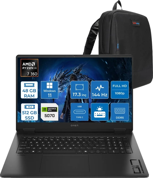 Hp Omen 17-DB1005NT Amd Ryzen Aı 7 350 48GB Ddr5 512GB SSD RTX5070 8gb Gddr7 17.3 Inç Fullhd (1920 x 1080) 144Hz 7ms 300NITS IPS Windows 11 Home Taşınabilir Bilgisayar C67G2EAH25 + Zetta Çanta ürün görseli 1