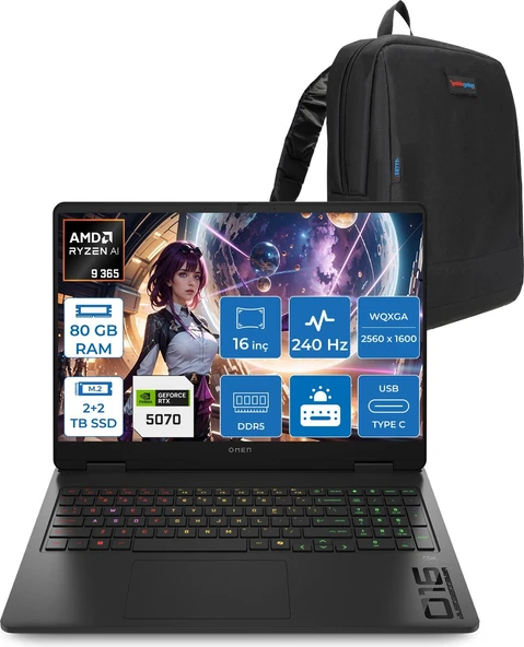 Hp Omen Amd Ryzen™ Aı 9 365 Ddr5 80GB 2tb+2tb SSD 16INÇ Wqxga (2560 x 1600), 240 Hz, 3 Ms 500NİTS IPS Freedos Gaming Laptop C52QZEAF38+ZETTAÇANTA ürün görseli 1