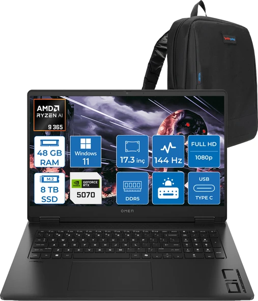 Hp Omen 17-DB1003NT Amd Ryzen Aı 9 365 48GB Ddr5 8tb SSD RTX5070 8gb Gddr7 17.3 Inç Fullhd (1920 x 1080) 144Hz 7ms 300NITS IPS Windows 11 Pro Taşınabilir Bilgisayar C67G1EAP30 + Zetta Çanta ürün görseli 1