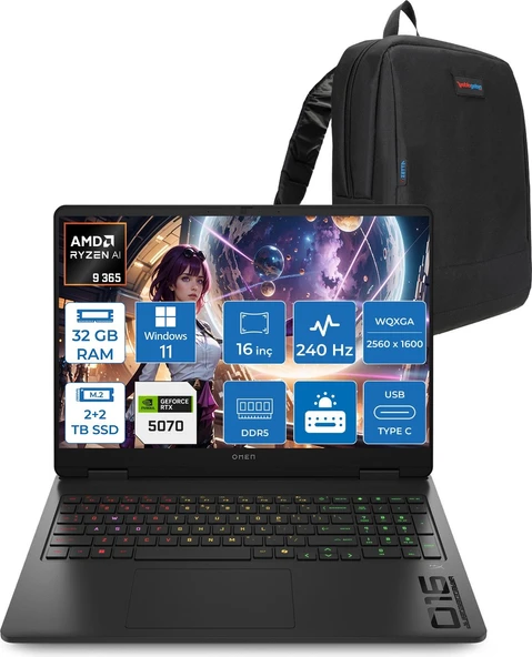 Hp Omen Amd Ryzen™ Aı 9 365 Ddr5 32GB 2tb Ssd+2tb SSD 16INÇ Wqxga (2560 x 1600), 240 Hz, 3 Ms 500NİTS IPS WINDOWS11PRO Gaming Laptop C52QZEAP14+ZETTAÇANTA ürün görseli 1