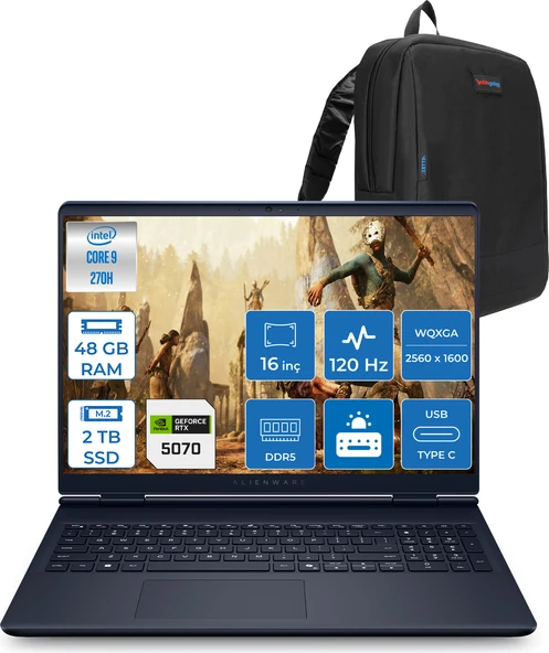 Dell Alienware 16 Aurora Intel Core 9-270H Aı 48GB GB 2tb SSD 8GB/RTX5070 Gddr7 115W 16" 2.5k 2560 x 1600 Wqxga 120Hz  Freedos Taşınabilir Bilgisayar WAC16250-C932157F21+ZETTAÇANTA ürün görseli 1