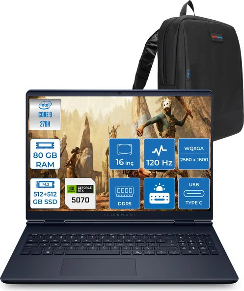 Dell Alienware 16 Aurora Intel Core 9-270H Aı 80GB GB 512GB+512GB 8GB/RTX5070 Gddr7 115W 16" 2.5k 2560 x 1600 Wqxga 120Hz  Freedos Taşınabilir Bilgisayar WAC16250-C932157F34+ZETTAÇANTA ürün görseli 1