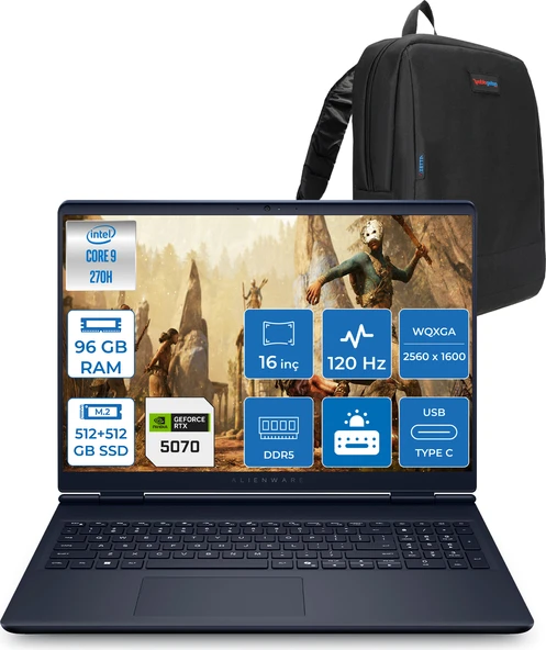 Dell Alienware 16 Aurora Intel Core 9-270H Aı 96GB GB 512GB SSD+512GB SSD 8GB/RTX5070 Gddr7 115W 16" 2.5k 2560 x 1600 Wqxga 120Hz  Freedos Taşınabilir Bilgisayar WAC16250-C932157F42+ZETTAÇANTA ürün görseli 1