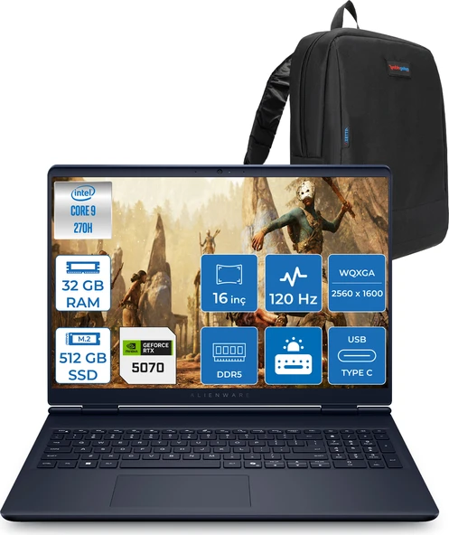 Dell Alienware 16 Aurora Intel Core 9-270H Aı 32GB GB 512GB SSD 8GB/RTX5070 Gddr7 115W 16" 2.5k 2560 x 1600 Wqxga 120Hz  Freedos Taşınabilir Bilgisayar WAC16250-C932157F09+ZETTAÇANTA ürün görseli 1