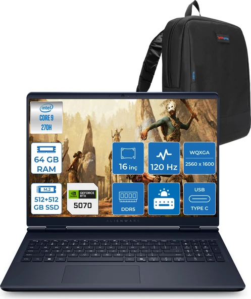Dell Alienware 16 Aurora Intel Core 9-270H Aı 64GB GB 512GB SSD+512GB SSD 8GB/RTX5070 Gddr7 115W 16" 2.5k 2560 x 1600 Wqxga 120Hz  Freedos Taşınabilir Bilgisayar WAC16250-C932157F26+ZETTAÇANTA ürün görseli 1