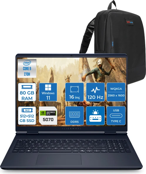 Dell Alienware 16 Aurora Intel Core 9-270H Aı 80GB GB 512GB+512GB 8GB/RTX5070 Gddr7 115W 16" 2.5k 2560 x 1600 Wqxga 120Hz  Windows 11 Pro Taşınabilir Bilgisayar WAC16250-C932157P34+ZETTAÇANTA ürün görseli 1