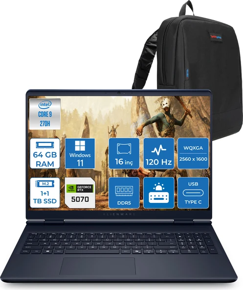 Dell Alienware 16 Aurora Intel Core 9-270H Aı 64GB GB 1tb Ssd+1tbssd 8GB/RTX5070 Gddr7 115W 16" 2.5k 2560 x 1600 Wqxga 120Hz  Windows 11 Home Taşınabilir Bilgisayar WAC16250-C932157H28+ZETTAÇANTA ürün görseli 1