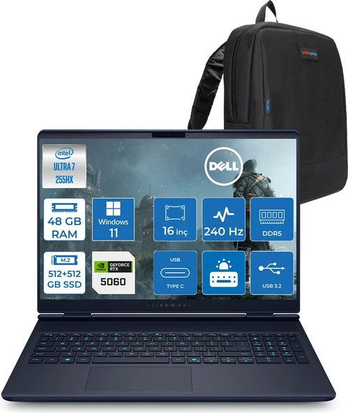 Dell Alienware 16X Aurora Core Ultra 7 255HX Aı 48GB 512GB SSD+512GB SSD  8GB/RTX5060 Gddr7 115W 16" Wqxga 240Hz 500 Nits  Windows 11 Home Taşınabilir Bilgisayar ZAC16251H18+ZETTAÇANTA ürün görseli 1