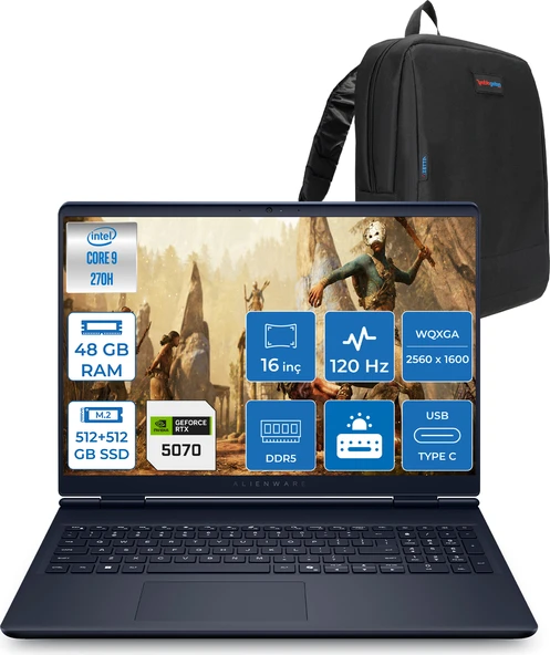 Dell Alienware 16 Aurora Intel Core 9-270H Aı 48GB GB 512GB SSD+512GB SSD  8GB/RTX5070 Gddr7 115W 16" 2.5k 2560 x 1600 Wqxga 120Hz  Freedos Taşınabilir Bilgisayar WAC16250-C932157F18+ZETTAÇANTA ürün görseli 1