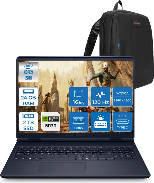 Dell Alienware 16 Aurora Intel Core 9-270H Aı 24GB GB 2tb SSD 8GB/RTX5070 Gddr7 115W 16" 2.5k 2560 x 1600 Wqxga 120Hz  Freedos Taşınabilir Bilgisayar WAC16250-C932157F05+ZETTAÇANTA ürün görseli 1