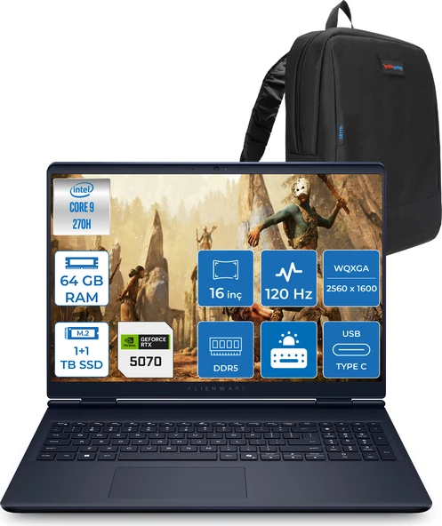 Dell Alienware 16 Aurora Intel Core 9-270H Aı 64GB GB 1tb Ssd+1tbssd 8GB/RTX5070 Gddr7 115W 16" 2.5k 2560 x 1600 Wqxga 120Hz  Freedos Taşınabilir Bilgisayar WAC16250-C932157F28+ZETTAÇANTA ürün görseli 1
