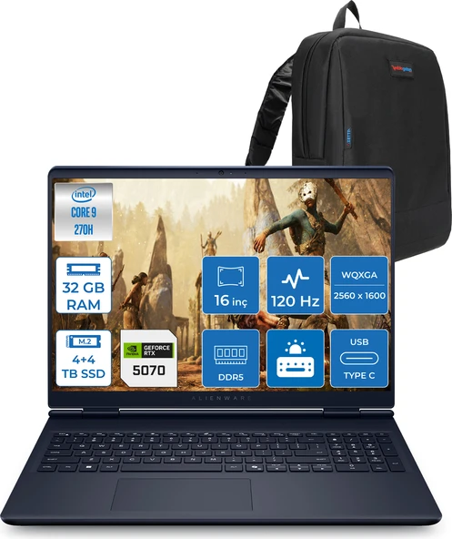 Dell Alienware 16 Aurora Intel Core 9-270H Aı 32GB GB 4tb Ssd+4tb SSD 8GB/RTX5070 Gddr7 115W 16" 2.5k 2560 x 1600 Wqxga 120Hz  Freedos Taşınabilir Bilgisayar WAC16250-C932157F16+ZETTAÇANTA ürün görseli 1