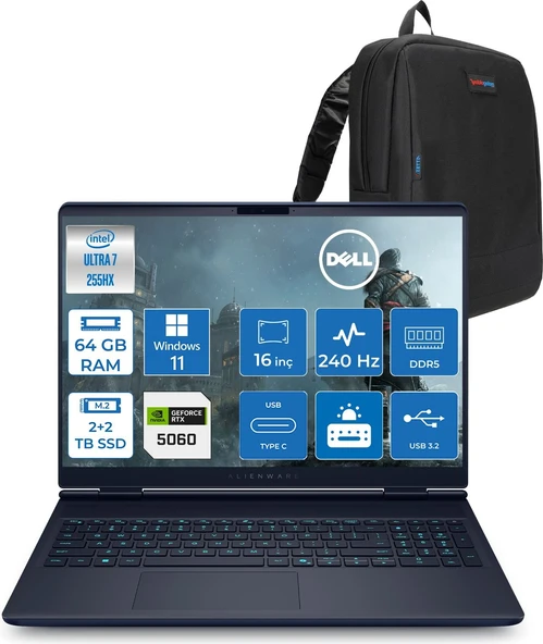 Dell Alienware 16X Aurora Core Ultra 7 255HX Aı 64GB 2tb Ssd+2tb SSD 8GB/RTX5060 Gddr7 115W 16" Wqxga 240Hz 500 Nits  Windows 11 Pro Taşınabilir Bilgisayar ZAC16251P30+ZETTAÇANTA ürün görseli 1