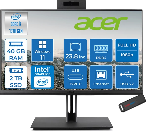 Acer Veriton 4000 VZ4714GT Intel Core I7 13700 40GB Ram 2tb SSD Windows 11 Pro UHD Graphics 23.8" Yükseklik Ayarı, Pivot, Vesa Desteği Fullhd All In One Bilgisayar DQR03EM00GP24 + Zetta Flash Bellek ürün görseli 1