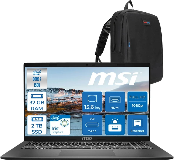 Msı Modern 15 Intel Core 7 150U 32GB 2tb SSD Intel® Graphics Freedos 15.6" IPS Fullhd (1920X1080) Taşınabilir Bilgisayar F1MG632XTRF19 + Zetta Çanta ürün görseli 1