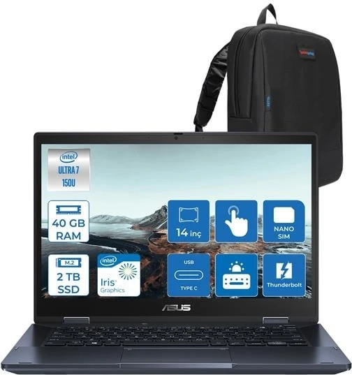 Asus Expertbook Intel Core Ultra 7 150U 40GB 2tb SSD Intel Iris x Graphics 14" Fhd 4g Sim Windows 11 Home Dokunmatik Taşınabilir Bilgisayar B3402FVAH15 + Zettaçanta ürün görseli 1