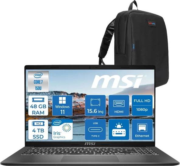 Msı Modern 15 Intel Core 7 150U 48GB 4tb SSD Intel® Graphics Windows 11 Home 15.6" IPS Fullhd (1920X1080) Taşınabilir Bilgisayar F1MG632XTRH30 + Zetta Çanta ürün görseli 1