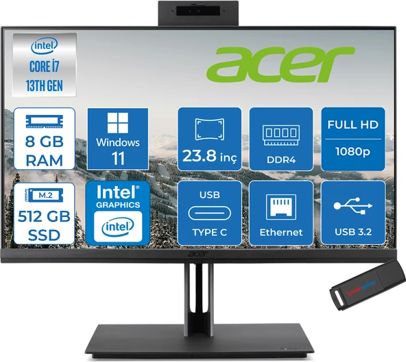 Acer Veriton 4000 VZ4714GT Intel Core I7 13700 8gb Ram 512GB SSD Windows 11 Pro UHD Graphics 23.8" Yükseklik Ayarı, Pivot, Vesa Desteği Fullhd All In One Bilgisayar DQR03EM00GH02 + Zetta Flash Bellek ürün görseli 1