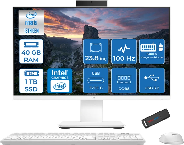 Asus V440VAK Intel Core İ5-13420H 40GB Ddr5 1tb SSD 23.8" Fhd 100HZ 250NITS Freedos Beyaz Allınone Bilgisayar BSI58512W0DF18+ZETTAUSBBELLEK ürün görseli 1