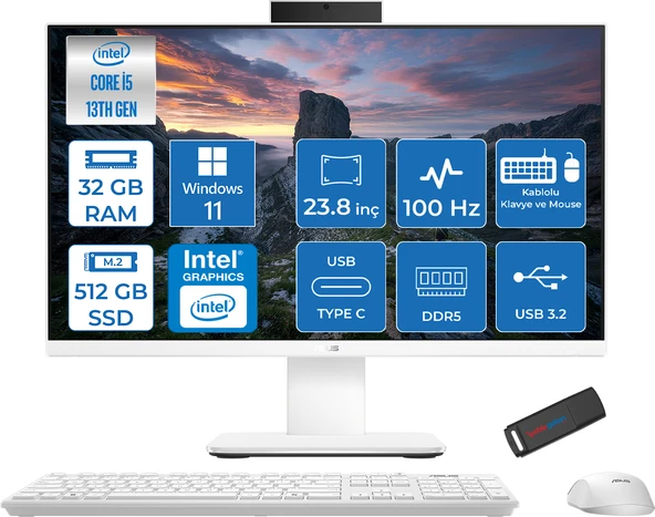 Asus V440VAK Intel Core İ5-13420H 32GB Ddr5 512GB SSD 23.8" Fhd 100HZ 250NITS WIN11HOMEBEYAZ Allınone Bilgisayar BSI58512W0DH12+ZETTAUSBBELLEK ürün görseli 1