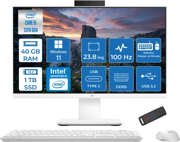 Asus V440VAK Intel Core İ5-13420H 40GB Ddr5 1tb SSD 23.8" Fhd 100HZ 250NITS WIN11HOMEBEYAZ Allınone Bilgisayar BSI58512W0DH18+ZETTAUSBBELLEK ürün görseli 1