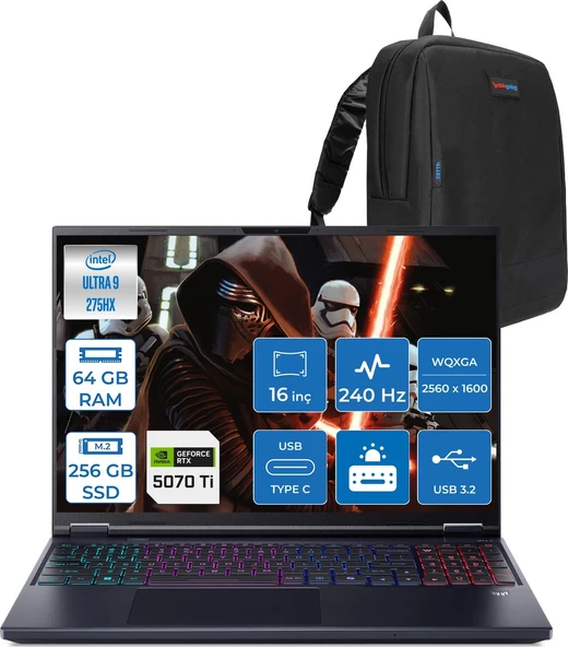 Acer Predator Helıos Neo 16 Aı Core™ Ultra 9 275HX 64GB Ddr5 256GB SSD 12GB/RTX5070Tİ/170W Gddr7 16inç Qhd+ 2560 x 1600 240Hz IPS Freedos Gaming BILG.NHQX2EY002F16+ZETTAÇANTA ürün görseli 1