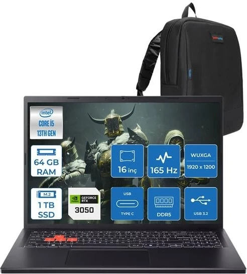 Acer Nitro Lite Intel Core I5 13420H 64GB Ddr5 1tb SSD 6GB/RTX3050/45W 16" Wuxga IPS 165Hz Windows 11 Pro Taşınabilir Bilgisayar NHDAAEY001H22 + Zettaçanta ürün görseli 1