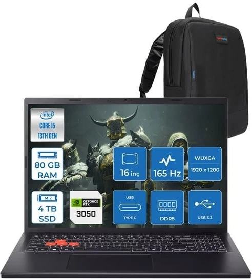 Acer Nitro Lite Intel Core I5 13420H 80GB Ddr5 4tb SSD 6GB/RTX3050/45W 16" Wuxga IPS 165Hz Windows 11 Pro Taşınabilir Bilgisayar NHDAAEY001H24 + Zettaçanta ürün görseli 1