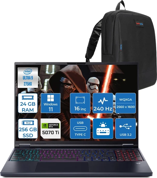 Acer Predator Helıos Neo 16 Aı Core™ Ultra 9 275HX 24GB Ddr5 256GB SSD 12GB/RTX5070Tİ/170W Gddr7 16inç Qhd+ 2560 x 1600 240Hz IPS WIN11HOME Gaming BILG.NHQX2EY002H01+ZETTAÇANTA ürün görseli 1