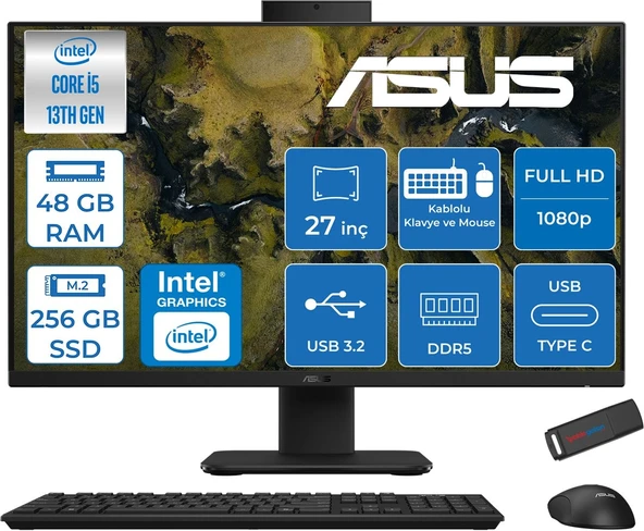 Asus V470VAK Intel Core İ5-13420H 48GB Ddr5 256GB SSD 27'' Fhd 100Hz 300NITS Freedos  Siyah Allınone Bilgisayar ASI58512B0DF21+ZETTAUSBBELLEK ürün görseli 1