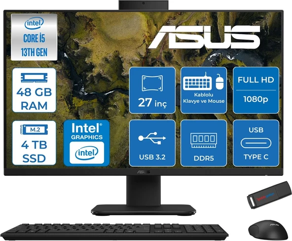 Asus V470VAK Intel Core İ5-13420H 48GB Ddr5 4tb SSD 27'' Fhd 100Hz 300NITS Freedos  Siyah Allınone Bilgisayar ASI58512B0DF25+ZETTAUSBBELLEK ürün görseli 1