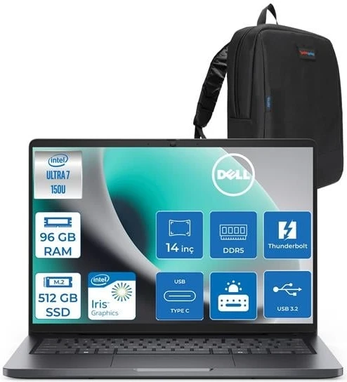 Dell Pro 14 Intel Core 7 150U 96GB Ddr5 512GB SSD Intel Graphics 14" Fhd+ IPS 300NITS Windows 11 Pro Taşınabilir Bilgisayar PC14250C7165H21 + Zettaçanta ürün görseli 1
