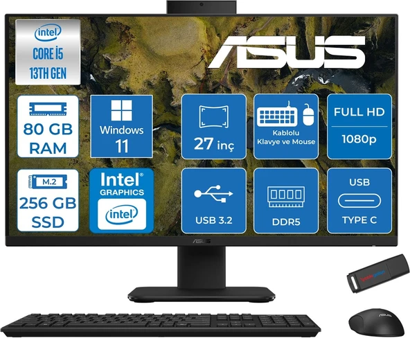 Asus V470VAK Intel Core İ5-13420H 80GB Ddr5 256GB SSD 27'' Fhd 100Hz 300NITS WIN11HOME Siyah Allınone Bilgisayar ASI58512B0DH31+ZETTAUSBBELLEK ürün görseli 1
