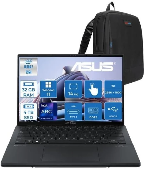 Asus Zenbook Duo Intel Core Ultra 7 255H 32GB Ddr5 4tb SSD Intel Arc Graphics WIN11PRO 14" 3k OLED 120Hz 500NITS Dokunmatik Taşınabilir Bilgisayar UX8406CAP04 + Zettaçanta ürün görseli 1