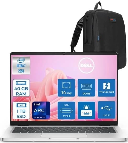 Dell Pro 14 Intel Core 7 255U 40GB Ddr5 1tb SSD Intel Arc Graphics 14" Fhd+ IPS 300NITS Windows 11 Pro Taşınabilir Bilgisayar PC14250BTO107H14 + Zettaçanta ürün görseli 1