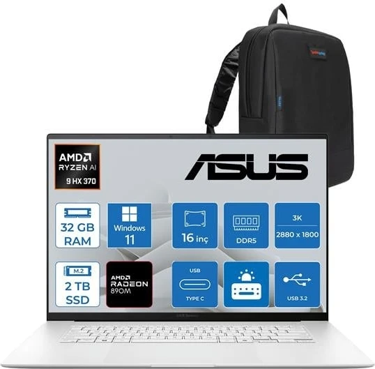 Asus Zenbook S16 Ryzen Aı 9 Hx 370 32GB Ddr5 2tb SSD Amd Radeon 890M WIN11PRO 16" 3k OLED 120Hz 500NITS Taşınabilir Bilgisayar UM5606WATP03 + Zettaçanta ürün görseli 1