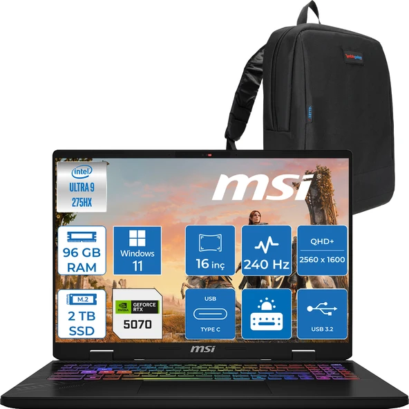 Msı Crosshaır 16 Hx Aı WD2XWGKG Intel Core Ultra 9-275HX  Aı 96GB GB 2tb SSD 8GB/RTX5070 115W 16″ 16:10 QHD+(2560 x 1600), 240Hz IPS Windows 11 Pro Taşınabilir Bilgisayar W047XTRW37+ZETTAÇANTA ürün görseli 1