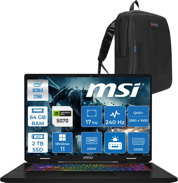 Msı Crosshaır 17 Hx Aı D2XWGKG-017TR Intel Core Ultra 9-275HX Aı 64GB 2tb SSD 8GB/RTX5070 Gddr7 115W 18"2.5k (2560 x 1600, Wqxga) 240Hz  Windows 11 Pro Taşınabilir Bilgisayar W017TRP29+ZETTAÇANTA ürün görseli 1
